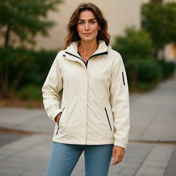 Eddie Bauer White Windbreaker Full Zip Hooded Midweight Jacket XL Weatheredge - Picture 1 of 12